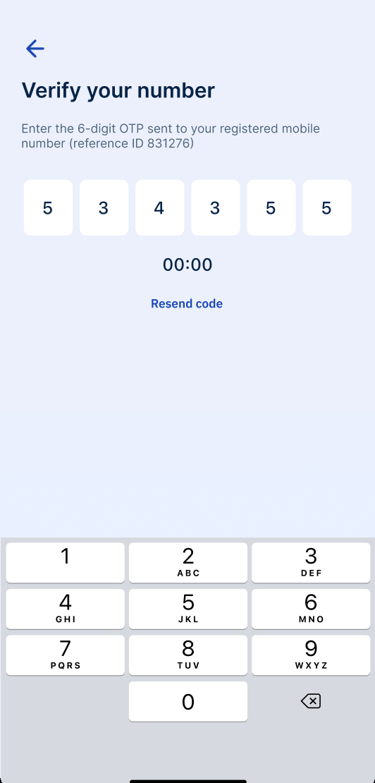 Verify your number, six-digit OTP with live countdown