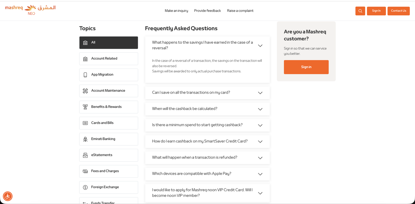 Categorised FAQ page with collapsible answers and a did-this-help feedback check on each