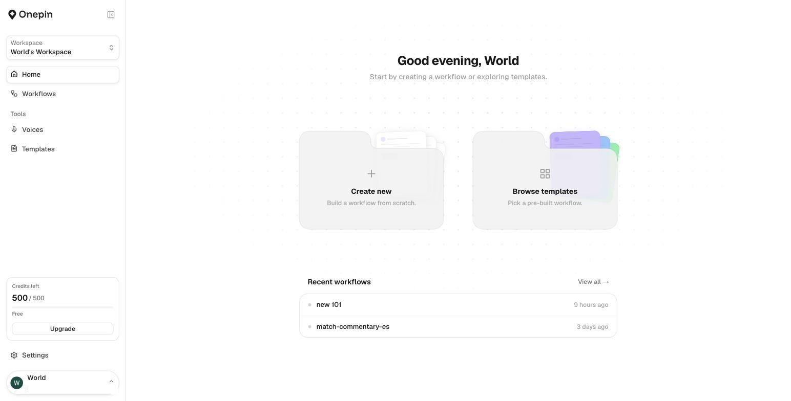 OnePin home: create a workflow, browse templates, recent workflows