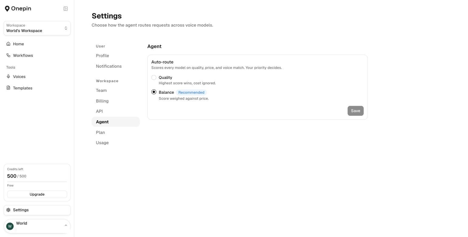 Settings, Agent: auto-route scores every model on quality, price and voice match