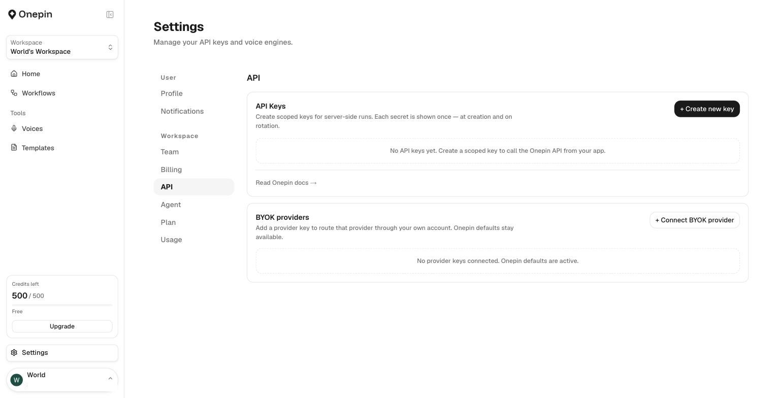 Settings, API: scoped keys and bring-your-own-key providers