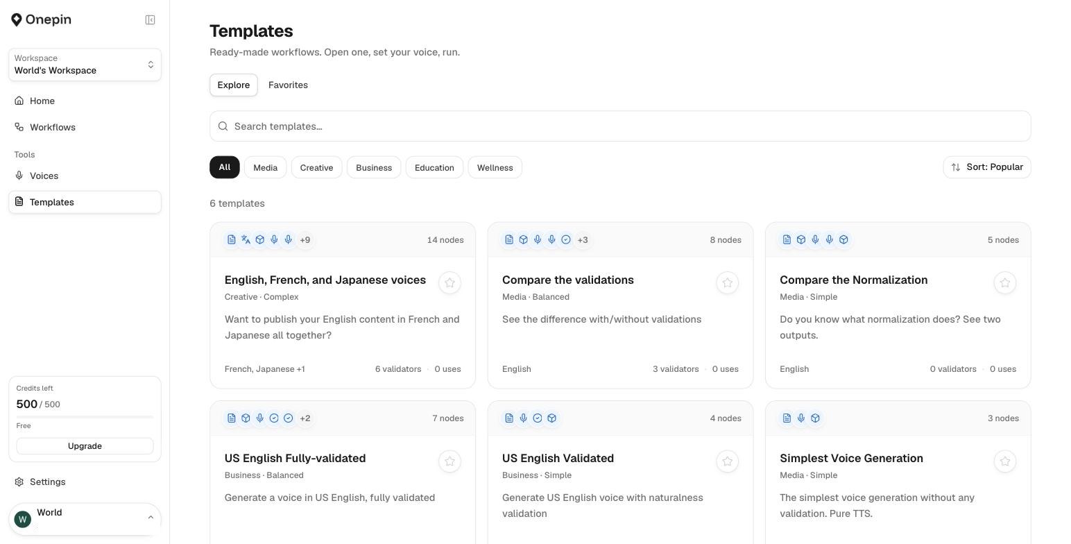 Templates: ready-made workflows with categories and validators