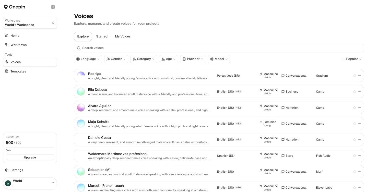 Voices library: filter by language, gender, category, provider and model