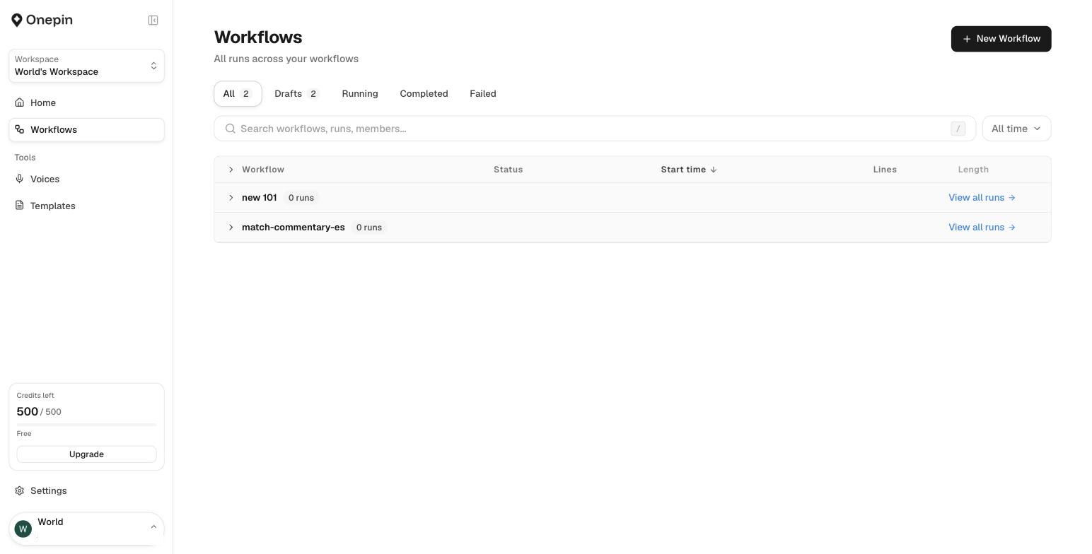 Workflows list with runs, drafts, statuses and search
