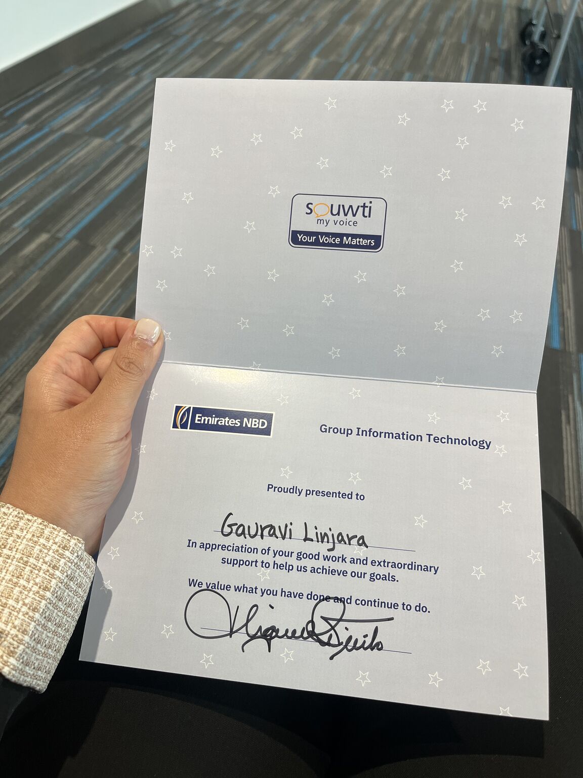 Souwti 'Your Voice Matters' appreciation certificate presented to Gauravi Linjara
