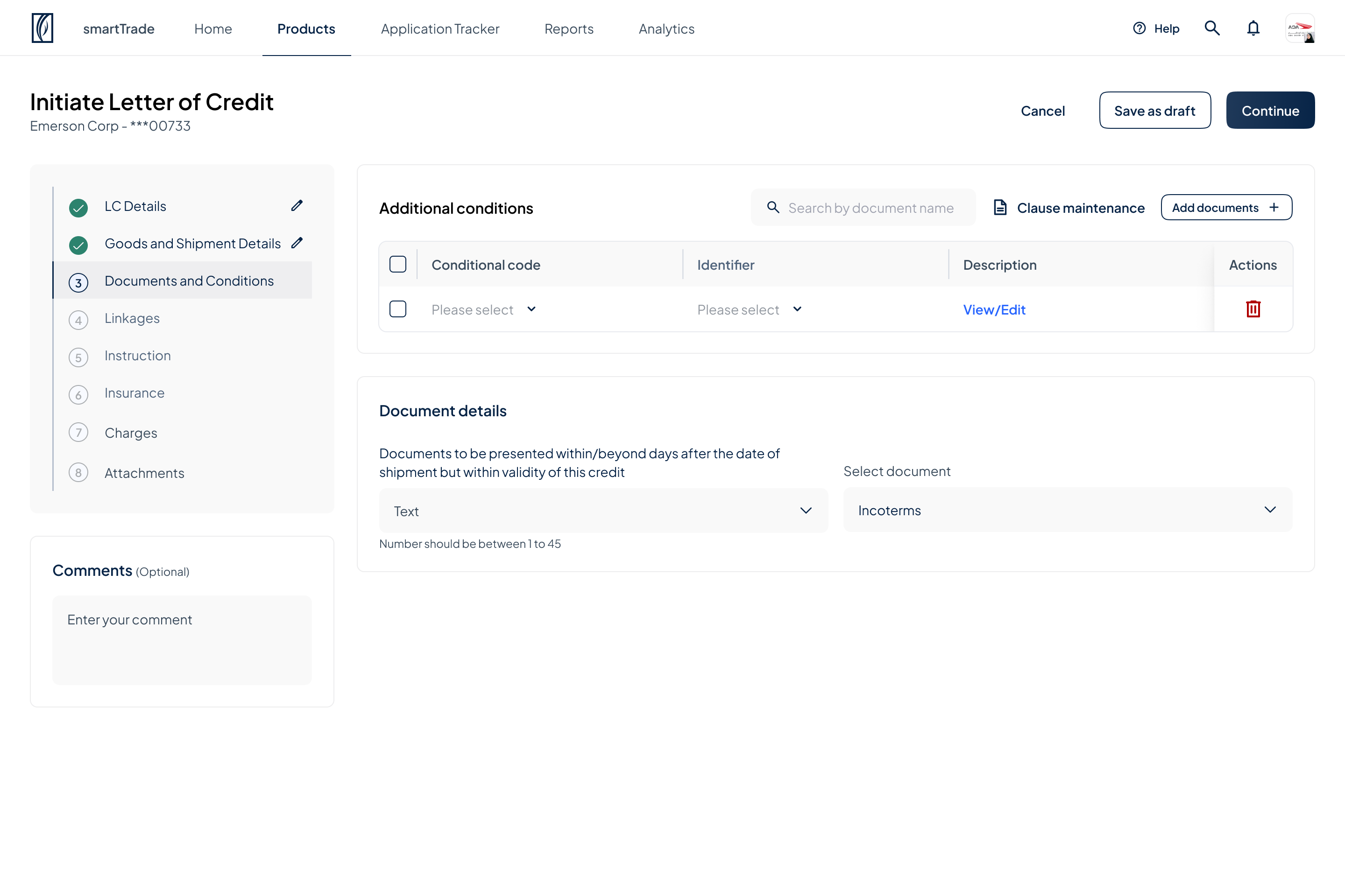 smartTRADE, documents and conditions step of the import LC wizard