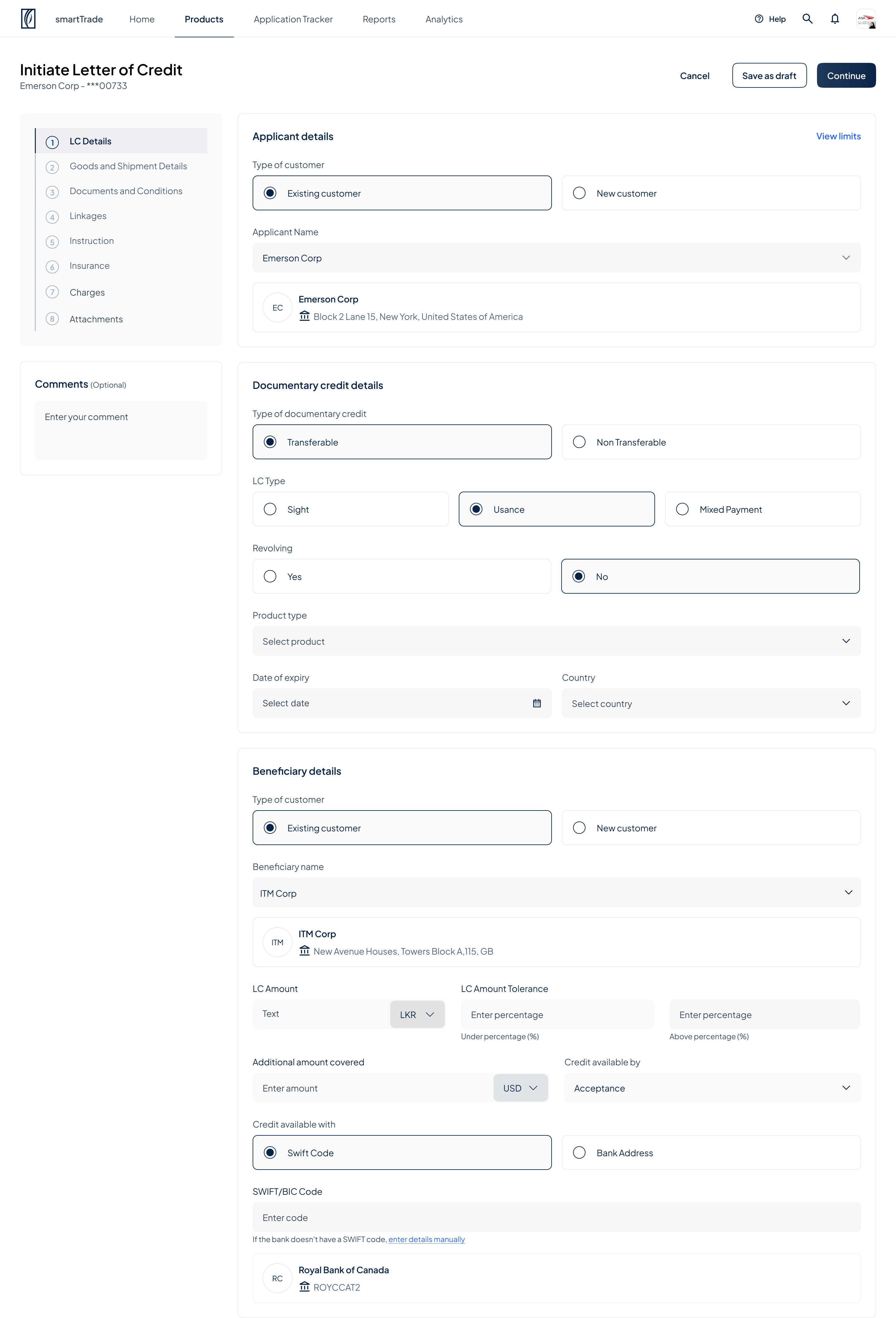 smartTRADE letter of credit