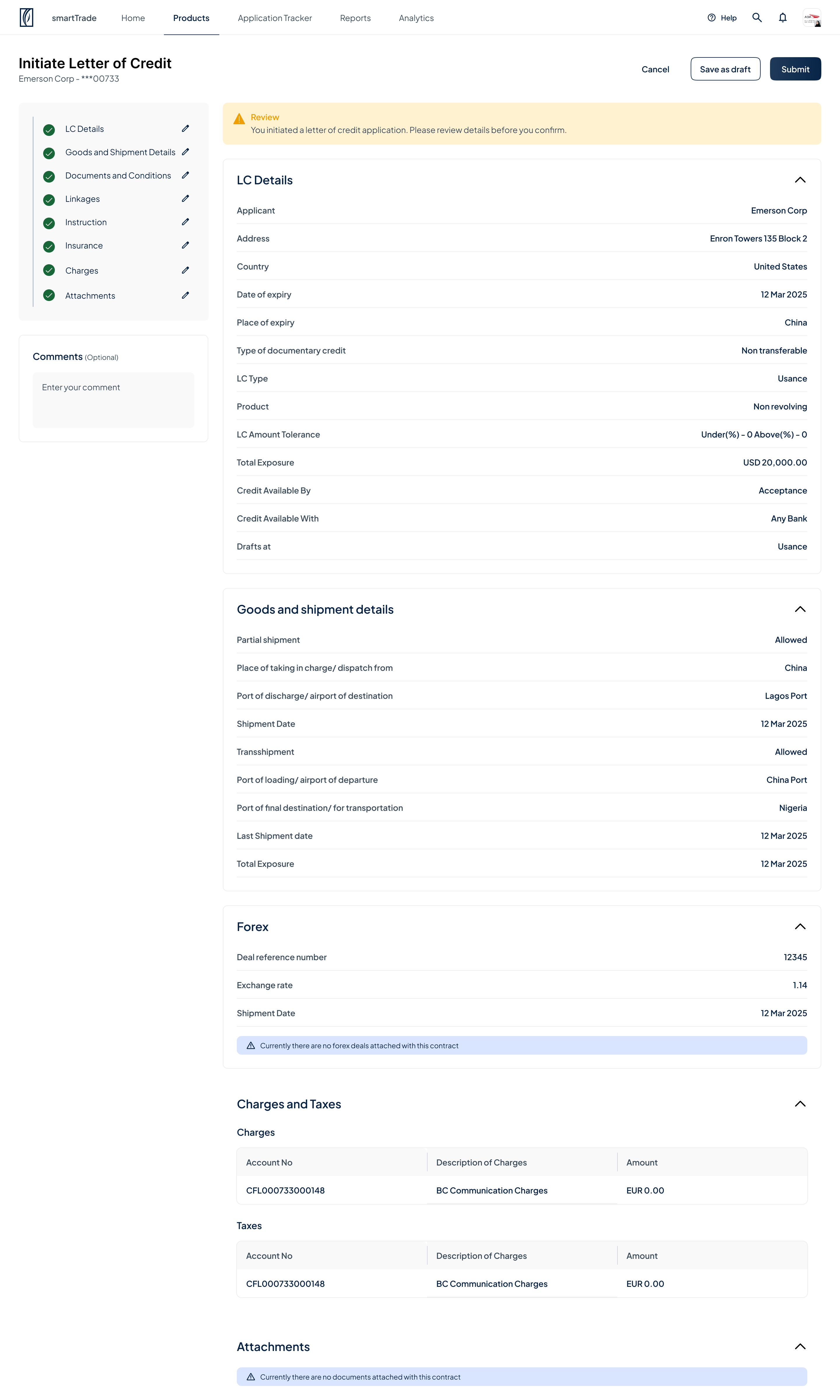 smartTRADE, import LC review screen, the whole application summarised before submit
