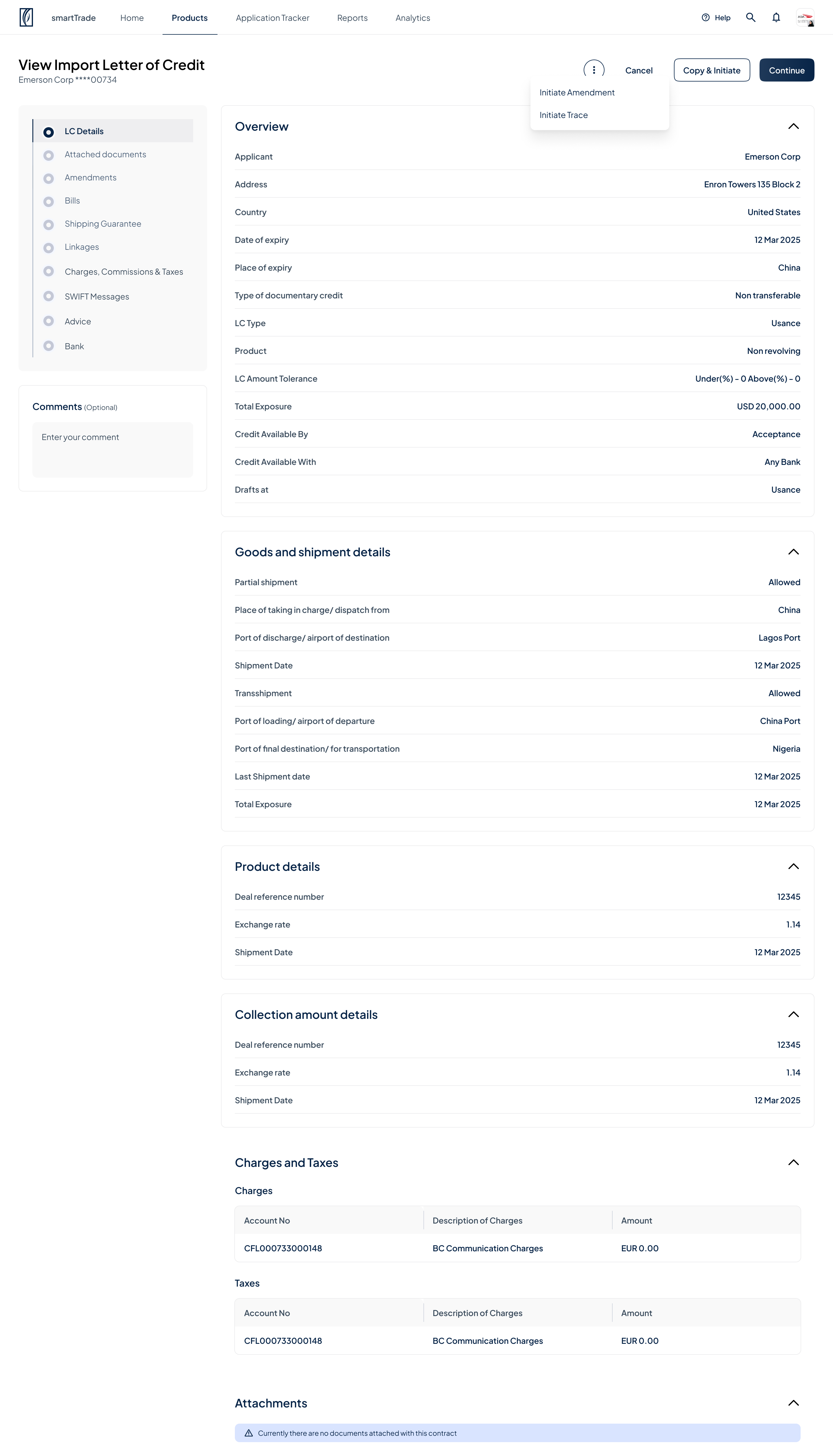 view LC overview with bills, SWIFT, advice and amendments
