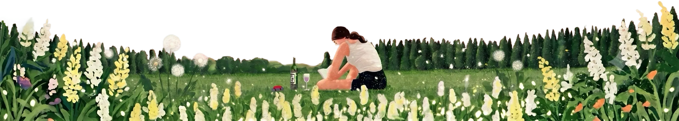 meadow with flowers and a couple at the treeline