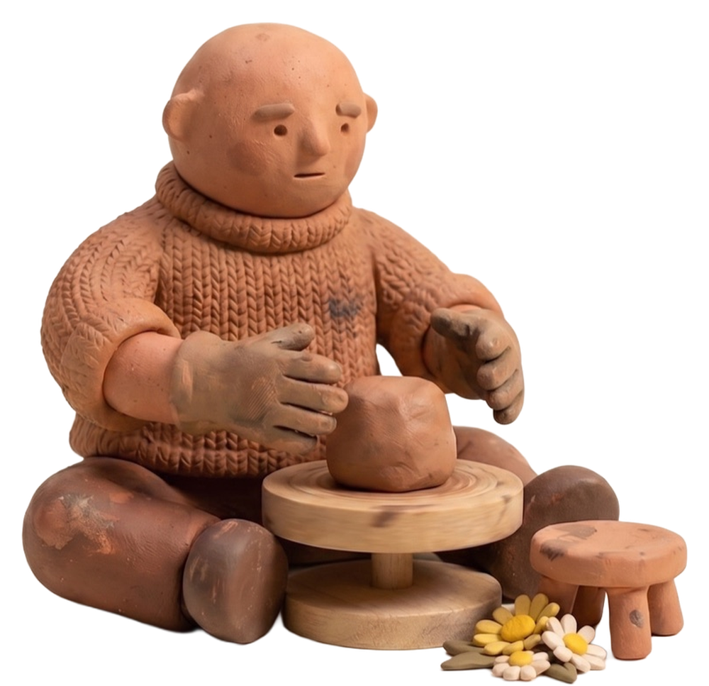 A clay figure sits at a wheel with a fresh lump of clay