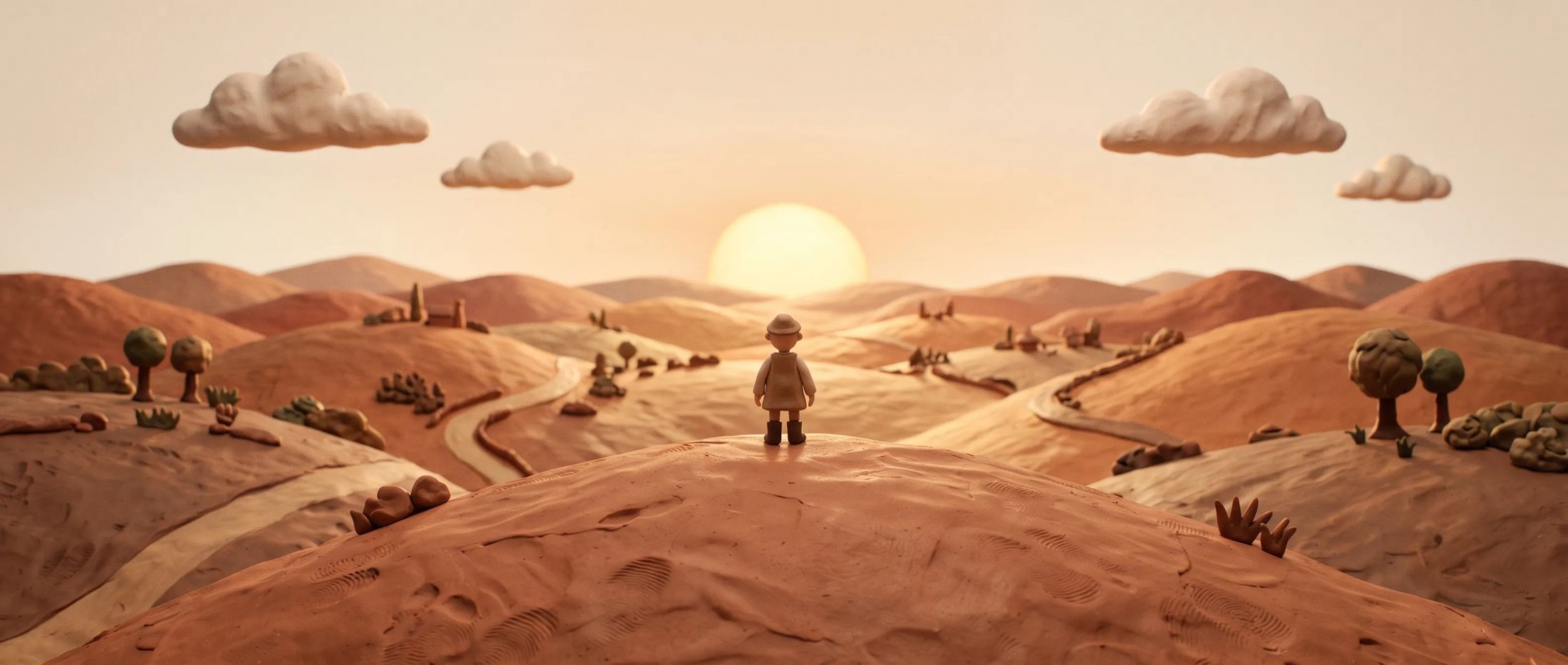 A handmade clay dreamworld — rolling terracotta hills, clay clouds, and the maker standing before a low sun