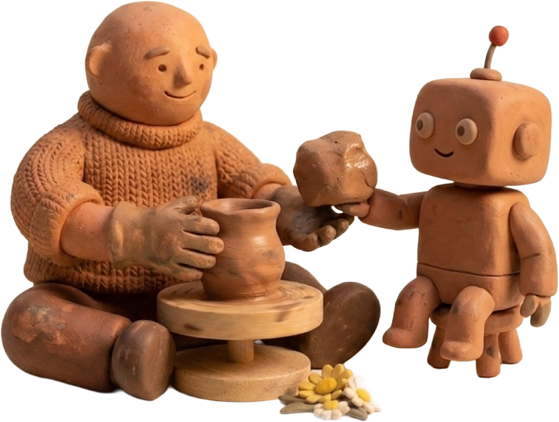 The maker and a small clay robot working together