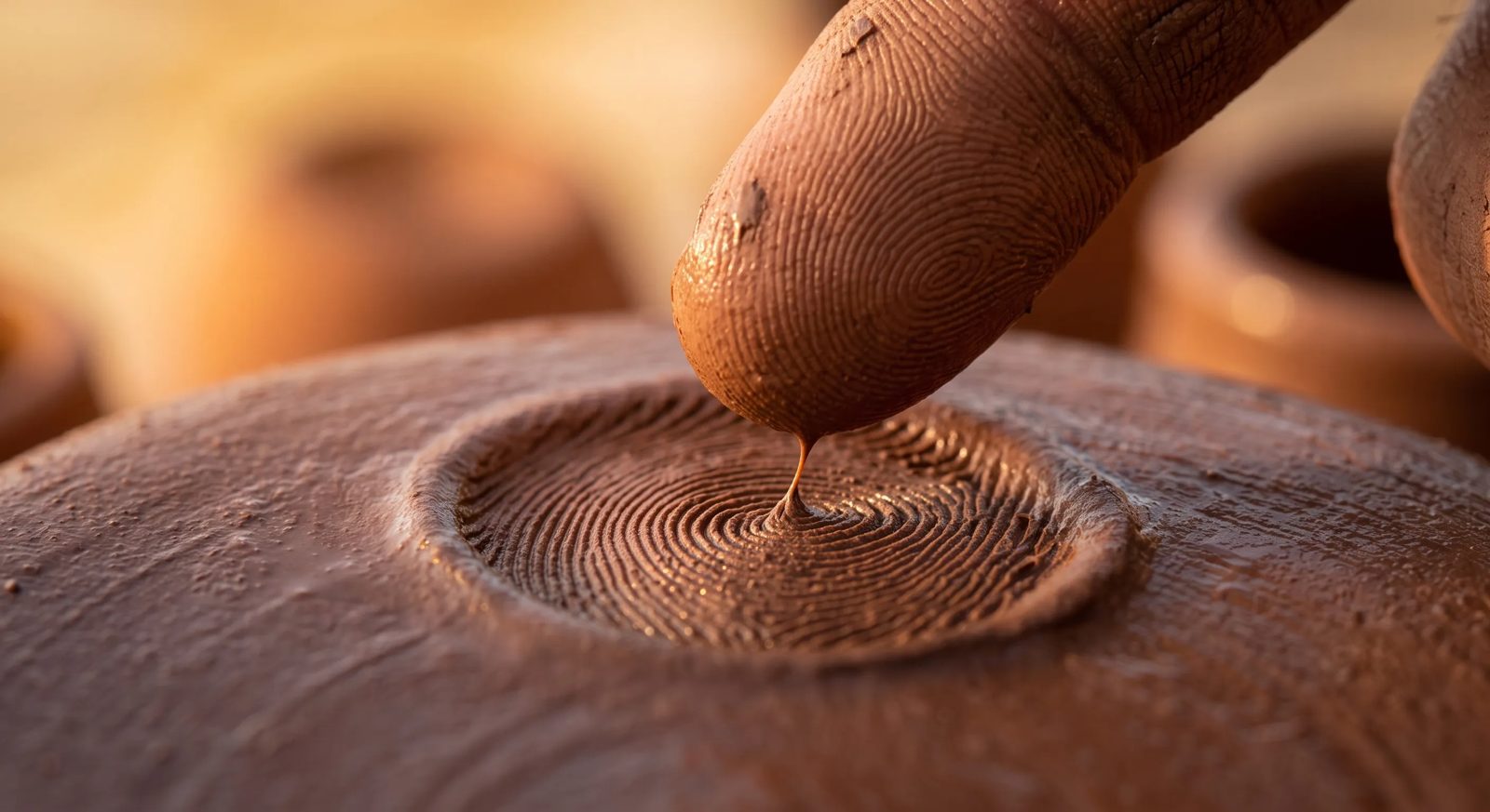 A thumbprint pressed into wet clay