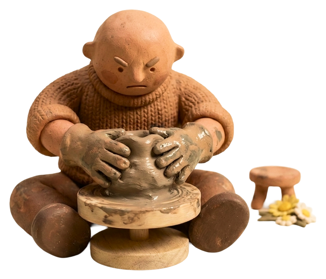 The maker pressing into clay that pushes back